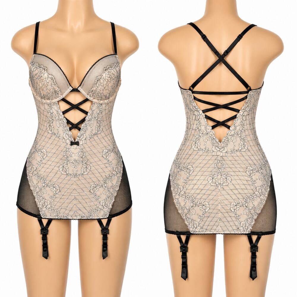 Victoria's Secret Bustier Garter Small Black Beige Lace Push Up Lingerie NWT